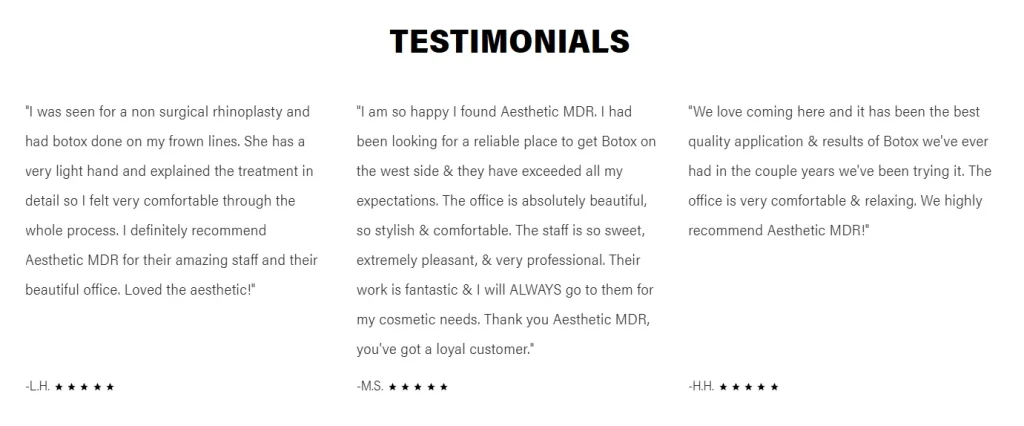 Customer testimonials praising Aesthetic MDR for their Botox treatments, highlighting the quality of service, professionalism, and comfortable office environment. Each review emphasizes satisfaction with Botox results, staff friendliness, and the aesthetic appeal of the clinic.